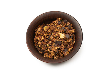 Chocolate granola cereal with nuts in a bowl background.