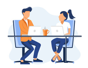 Job interview conversation. HR manager and employee candidate meeting and talking. Man and woman sitting at table and discussing career. Business or human resource concept
