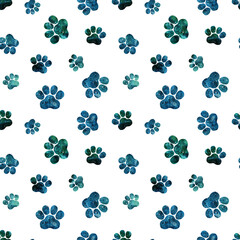 Naklejka na ściany i meble Seamless pattern with blue rainbow silhouettes of watercolor cat paws isolated on white background.