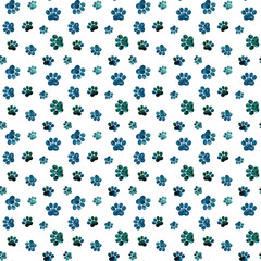 Fototapeta na wymiar Seamless pattern with blue rainbow silhouettes of watercolor cat paws isolated on white background.