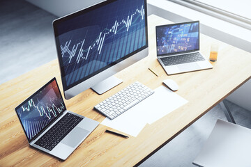 Modern computer display with abstract financial graph, financial and trading concept. 3D Rendering