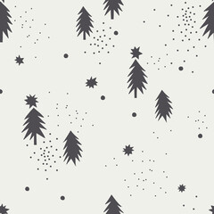 Snow star pine vector seamless pattern. Cute tiny decorative Scandinavian winter background. Snowy Christmas forest abstract monochrome print design.