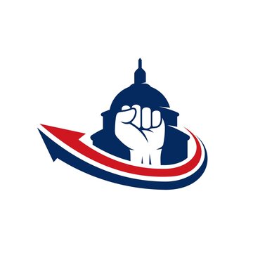fist vector with capitol hill building silhouette. left-wing political logo template, emblem or banner