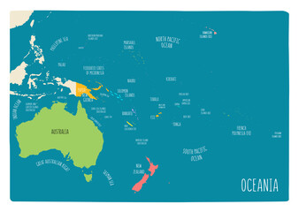 Colorful vector map of Oceania. Cartoon style