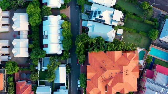 Aerial birds eye view of homes in the Spring Hill suburb of Brisbane, Queensland, Australia.