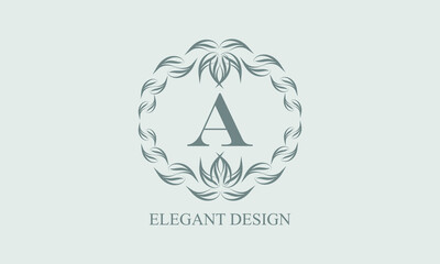 Elegant floral monogram with exquisite elements. Template for invitations, labels, business signs. Vintage ornament with calligraphic letter A.