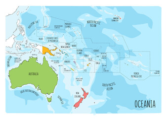 Colorful vector map of Oceania. Cartoon style - obrazy, fototapety, plakaty