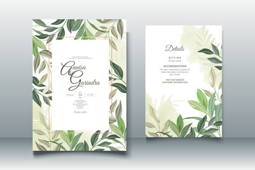Wedding invitation card template set with beautiful  leaves Premium Vector