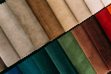 Collection of colorful velour textile samples. Fabric designed for sofas and armchairs. Fabric texture background - obrazy, fototapety, plakaty