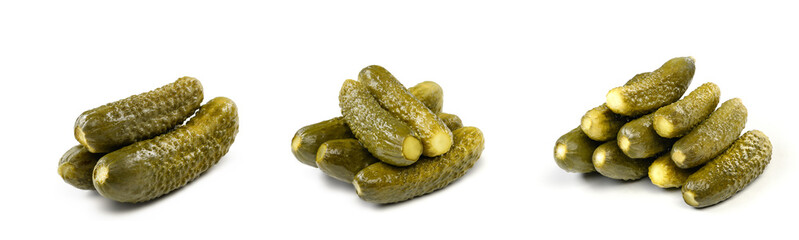 . A set of images of fresh pickled cucumbers isolated on a white background. Full depth of field.
