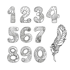 Numbers. Alphabet. Zentangle. Hand drawn numbers with feather on isolation background. Design for spiritual relaxation for adults. Line art creation. Black and white illustration for coloring.