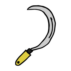 Garden sickle in hand drawn doodle style isolated on white background. Vector outline stock illustration. Tool for working in the garden and the vegetable garden. Design element. Gardening tools for