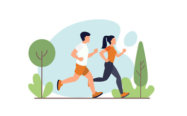 Woman and man running in nature. Flat style