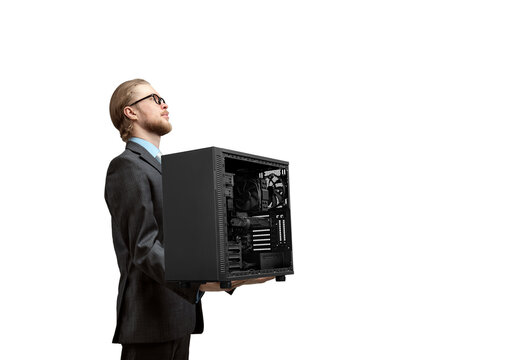 man holds black desktop computer, on white background