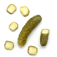 . group of fresh pickled cucumbers isolated on white background. Home canning