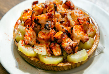 Cooked pieces of squid in sauce on a pillow of boiled potatoes in a wooden platter. Tasty delicious snacks. Restaurant food.