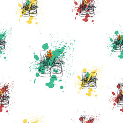 Seamless pattern with boots and socks hand-drawn in doodle style on a background of orange, turquoise, brown spots. Summer funny patterns for sportswear, shirts, trousers, children's clothing.