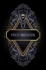 Art Deco vintage gold and silver design element over black. Retro party geometric background set 1920 style. Vector illustration for glamour party, thematic wedding or textile prints.
