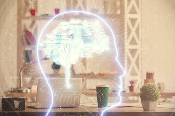 Double exposure of brain drawing and office interior background. Concept of data technology.