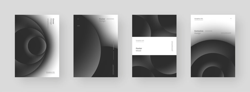Abstract set Placards, Posters, Flyers, Banner Designs. Black and white illustration on vertical A4 format. 3d geometric shapes and form. Decorative neumorphism backdrop.