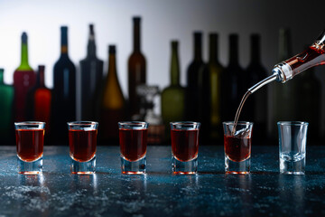 Shots of strong alcohol in the bar.