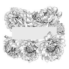 Monochrome elegant frame with peony flowers.