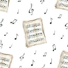 Seamless pattern with watercolor ukulele, notes, flowers. Hand drawn illustration is isolated on white. Musical ornament is perfect for floral design, music album cover, wallpaper, fabric textile