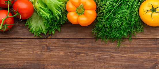 Selection of fresh products for preparing healthy and delicious vegetarian and vegan food. Various vegetables and fruits lie on the table. Flat lay.