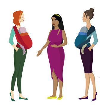 Two babywearing women with her baby in sling and one pregnant woman talking. Babywearing concept. Vector illustration