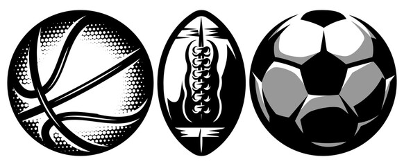Set of stylish sports balls for soccer, basketball and american football