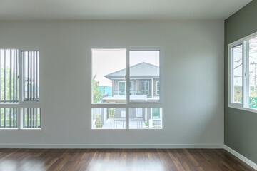 Empty room with glass window frame house interior on concrete wall