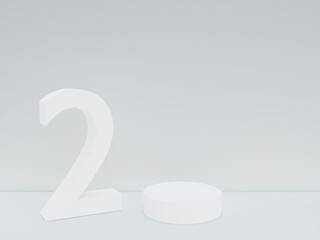 Scene with podium for mock up presentation in white color, minimalism style and number 2 with copy space, 3d render abstract background