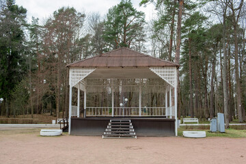 Wooden house stage for free musicians open air performances in pine forest park. Raising  culture...