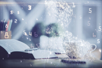 Double exposure of technology theme drawing and desktop with coffee and items on table background. Concept of high tech.