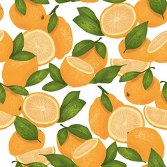Seamless pattern of oranges. Color image with pencil texture. Design of wallpaper, fabrics, textiles, packaging, gift paper, weddings.
