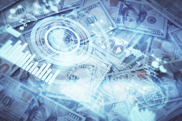 Multi exposure of business theme drawing over us dollars bill background. Concept of financial success.