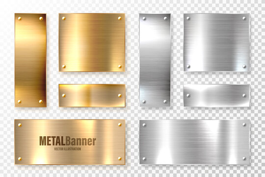 Realistic shiny metal banners set. Brushed steel and copper plate. Polished silver metal surface. Vector illustration.