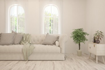 Soft color living room with sofa. Scandinavian interior design. 3D illustration