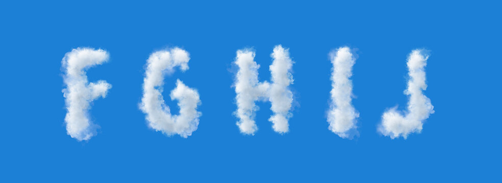 3d Letters made of clouds on a white background, letter f g h i j