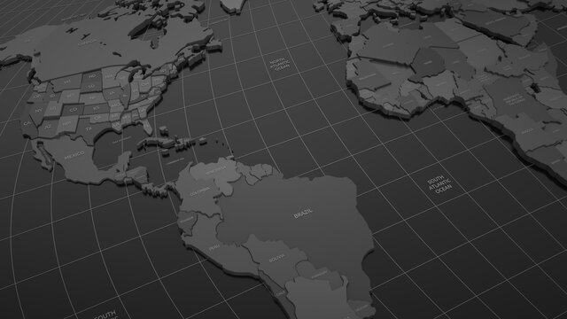 3d world map on black background with usa, canada, south and north america and africa