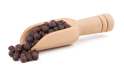 black pepper in wooden scoop isolated on white background