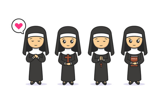 Set of cute kawaii nun Christian mascot design illustration