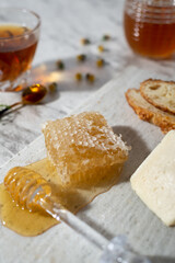 Breakfast with honey honeycomb cheese flatlay