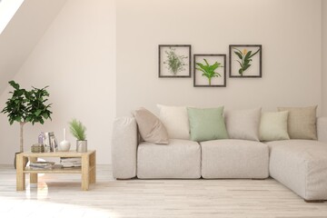 White living room with sofa. Scandinavian interior design. 3D illustration