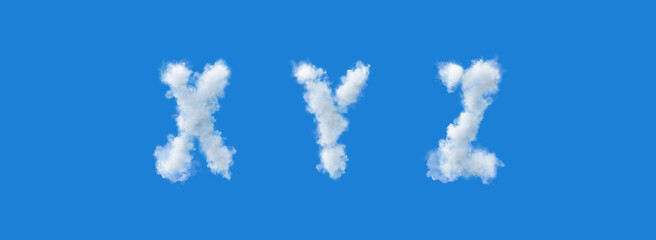 Letters made of clouds on a blue background, x y z, uppercase fonts - obrazy, fototapety, plakaty