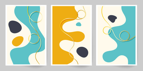 Modern art. Abstract cover template. Set of geometric shapes and lines. Imitation watercolor painting texture brochure design. Minimalist hand painted shapes, gold lines.