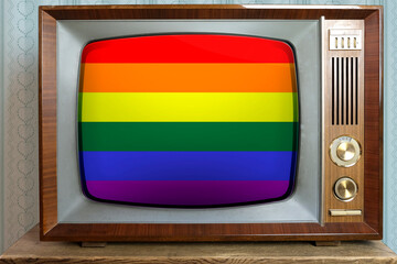 LGBT rainbow flag, old tube vintage TV with the national flag Pride flag on the screen, the concept of eternal values ​​on television, global world trade, politics, retro technology, news