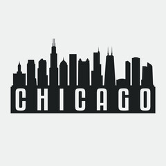 Chicago, IL, USA Skyline Silhouette Vector Illustration. Travel Clip Art Horizon with Famous Buildings.