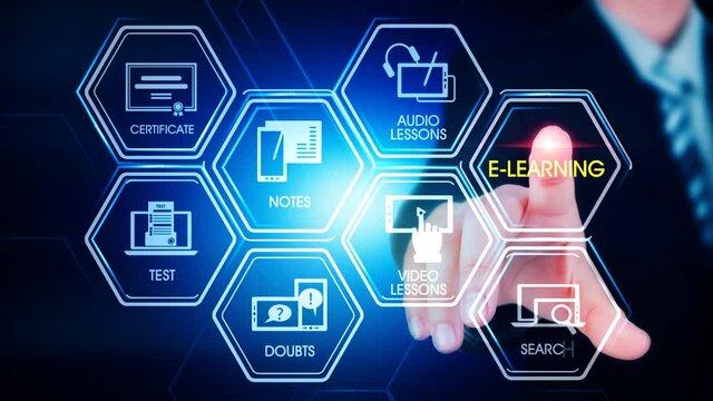 E_learning Hexagonal Touch Screen Concept Hexagonal virtual Touch Screen Concept with v man touching screen with finger and light streak