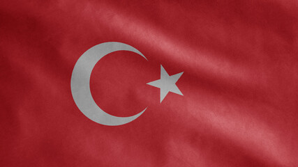 Turkish flag waving in the wind. Close up of Turkey banner blowing soft silk.